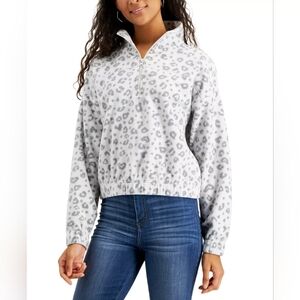 Hippie Rose Juniors Fleece quarter-Zip pullover Grey leopard animal prin…